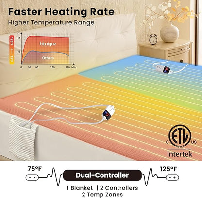 Electric Heated Mattress Pad King Size Dual Control Bed Warmer, Deep Pocket, Side Storage Pouch for Controller, Machine Washable, Waffle Jacquard, 78"x80", White