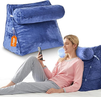 Cheer Collection Reading Wedge Pillow – TV Pillow with Adjustable Bolster Pillow, Memory Foam Back Support for Couch & Bed, Pillow Chair for Bed, Reading Pillows for Adults & Kids, XL, Navy Blue