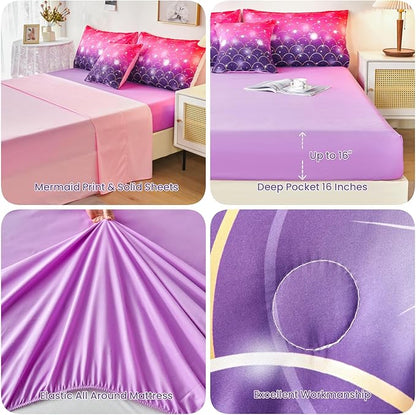 URBONUR Pink Purple Comforter Set Full Size for Girls 6 Piece Bed-in-a-Bag Glitter Mermaid Kids Bedding with Sheets