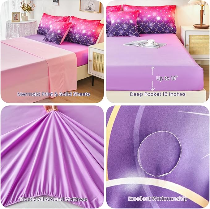 URBONUR 6Pcs Gradient Glitter Comforter Set Queen Size for Girls Sparkle Mermaid Pink Purple Bed in A Bag Soft & Breathable Kids Teen Queen Bedding Set