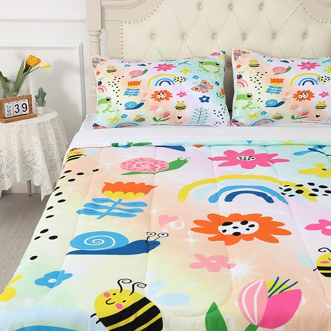 Rainbow Comforter Sets Full Size Cartoon Frogs Bedding Sets for Girls Kids Teens Boys Flowers Butterfly Bees Snails Insects Cute Kawaii Quilt 1 Comforter + 2 Pillow Cases