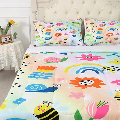 Rainbow Comforter Sets Full Size Cartoon Frogs Bedding Sets for Girls Kids Teens Boys Flowers Butterfly Bees Snails Insects Cute Kawaii Quilt 1 Comforter + 2 Pillow Cases
