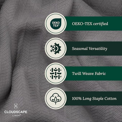 Cloud Scape Linen 100% Cotton Blanket Queen Size - Heavy and Soft, Season, Winter Cozy Blanket, Herringbone Weave, Best Gift for Women, fits Full Size Bed, 92x92, Dark Grey