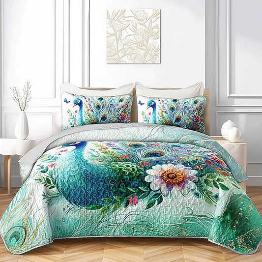 Teal Blossom Peacock Animal Quilt Bedding Twin 3Pcs Flower Butterfly Pattern Bed Set Watercolor Feather Lightweight Bedspread Coverlet with 2 Pillowcases for Kid Boy Girl Teen Adult Room Decor