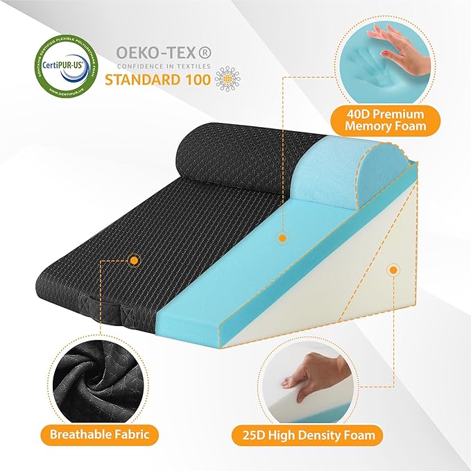 3PCS Wedge Pillow Set for After Surgery, Adjustable 9&12 Inch Bed Wedge Pillow for Sleeping, Incline Pillow Wedge for Headboard, Post Surgery, Acid Reflux, Neck&Back Support, Air-Layer Black