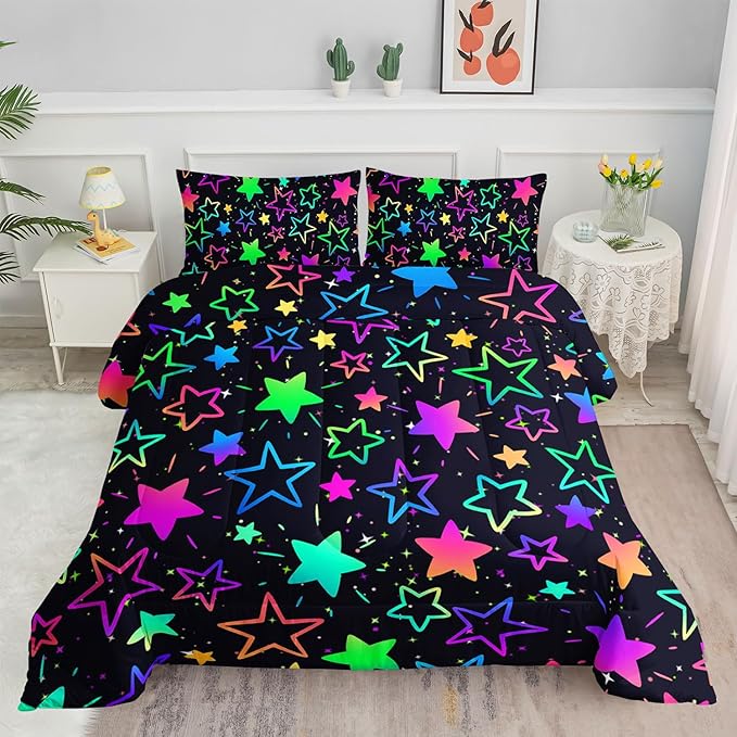 Kids Comforter Set Colorful Stars Printed Pattern Bedding Set with 1 Comforter and 2 Pillowcases for Girls Boys Bedroom All Season(Colorful Stars Queen)