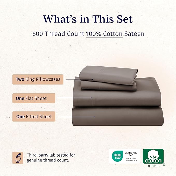California Design Den 600 Thread Count Sheets King, 100% Cotton Sheet, Sateen, King Size Bed Sheets, Soft, Cooling, Hotel-Quality Bedding with Deep Pockets (Mushroom - Taupe Brown)