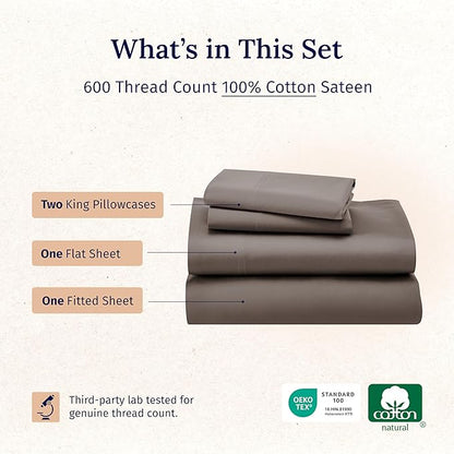 California Design Den 600 Thread Count Sheets King, 100% Cotton Sheet, Sateen, King Size Bed Sheets, Soft, Cooling, Hotel-Quality Bedding with Deep Pockets (Mushroom - Taupe Brown)