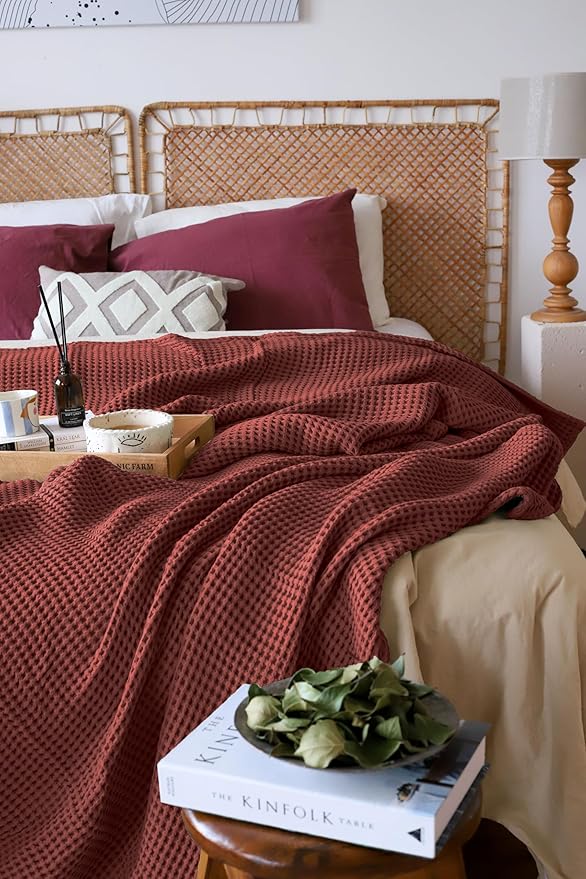 Premium Waffle Blanket California King Size Red - 100% Turkish Cotton, Light and Airy Waffle Weave All-Season Quilt - Luxury Decorative Bedspread (Dark Red, 95" x 126" Inch)