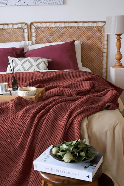 Premium Waffle Blanket California King Size Red - 100% Turkish Cotton, Light and Airy Waffle Weave All-Season Quilt - Luxury Decorative Bedspread (Dark Red, 95" x 126" Inch)