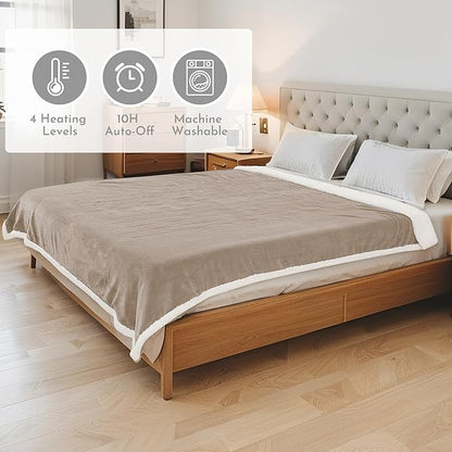 Electric Heated Blanket 90"x100" King Size Microplush Cover Blanket, 4 Heat Settings & 10 Hours Auto Off, Cozy & Warm for All Night, Machine Washable, Light Brown