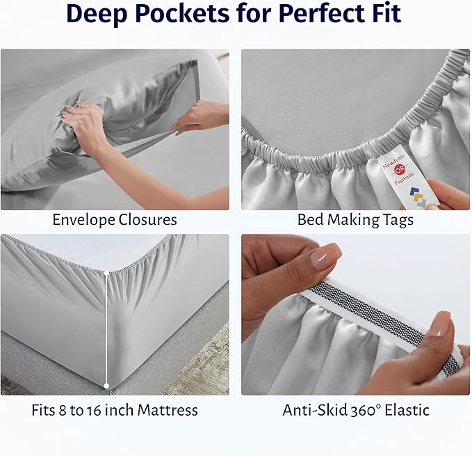 California Design Den King Bed Sheets Set - Certified 100% Egyptian Cotton Percale Sheets King with Deep Pockets, Lightweight, Crisp, Durable Luxury Bedding Set - Light Grey