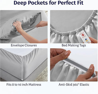 California Design Den Certified 100% Egyptian Cotton Sheets Queen Size Bed Set - Queen Sheet Set Percale with Deep Pockets, Lightweight, Crisp, Durable Luxury Bedding - Light Grey