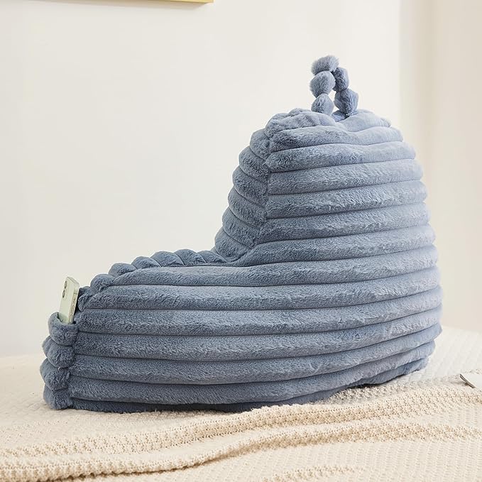 Faux Fur Fluffy Dusty Blue Reading Pillow with Pockets, Luxury Striped Plush Decorative, Arm Rests and Back Support for Bed Rest, Lounging on Sofa, Extra Large Size for Adult.