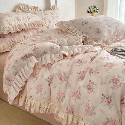 BuLuTu Pink Floral Princess Duvet Cover Set King Size, Vintage Farmhouse Style Lace Ruffled Comforter Cover with Zipper and 4 Ties, 100% Cotton Muslin Bedding Set King for Girls Women