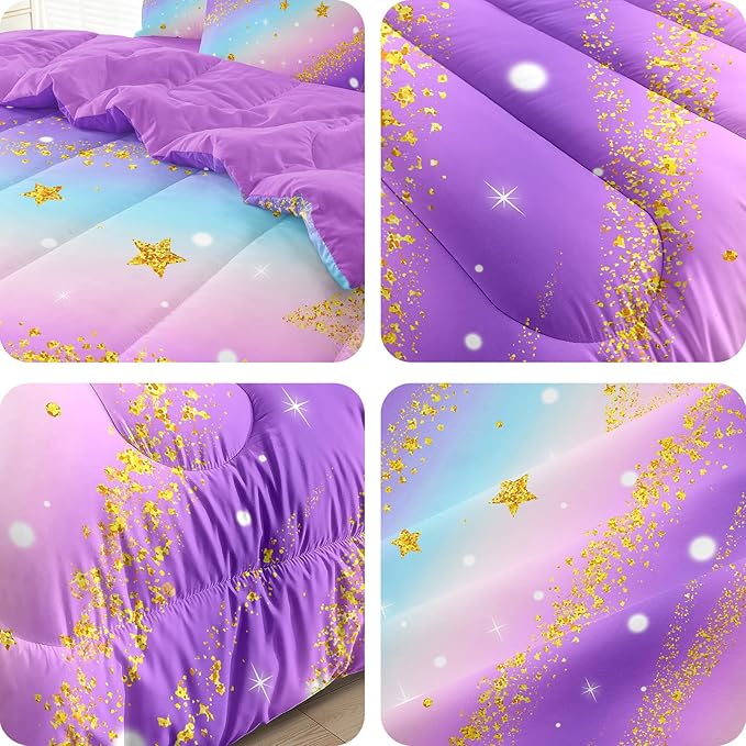 3 Pcs Twin Bedding Sets for Girls, Purple Glitter Rainbow Twin Size Bed Set, Stars Galaxy Bedding Comforter Set for Girls