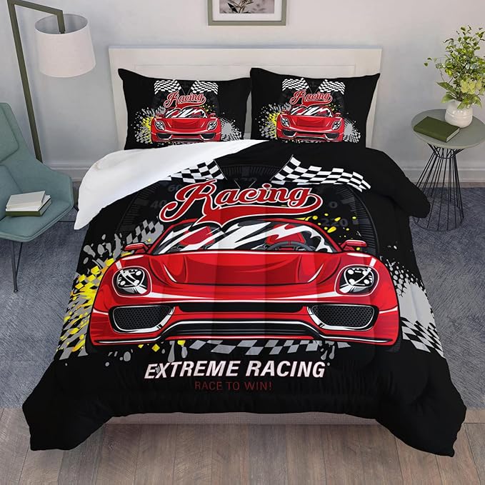 AILONEN Racing Car Comforter Set Twin Size, Plaid Patterns and Cool Speed Race Car for Kids Boys Girls Teens Bedroom,3 Pieces,1 Quilt and 2 Pillowcases,Soft,Breathable