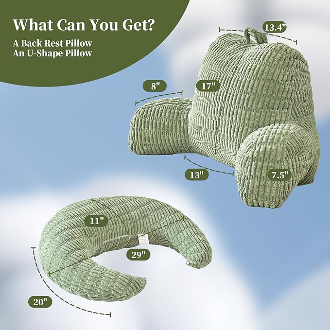 Back Pillow for Bed Sitting Up,U Shaped & Back Support Pillow for Bed,19" Backrest with Lumbar & Arm Support,Comfy Corduroy Fabric,Lap Pillow for Gaming/Reading/Watching TV,Green
