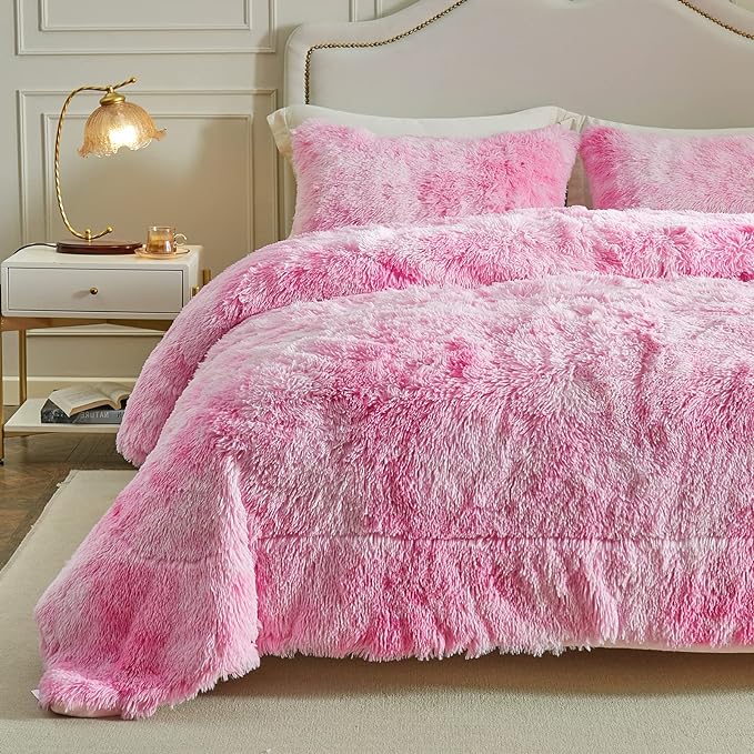 Wajade Faux Fur Plush Pink Comforter Set Fluffy Fuzzy Shaggy Bedding Set - 3PC Full/Queen Microfiber Soft Warm Quilt Set