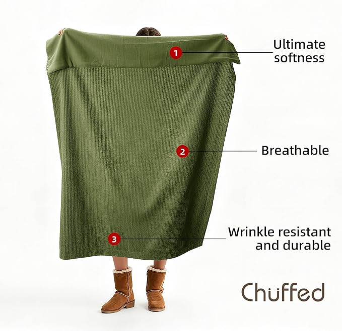 CHUFFED Cotton Waffle Blanket Queen Size - Plush Milk Velvet & Reversible Waffle Weave,Anti-Static 500Gsm Design，Thick Cozy Soft Winter Blanket for Bed, Couch, Sofa - Olive Green, 90x90 Inches