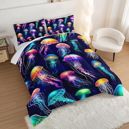 Beach Bedding Colorful Jellyfish Print Twin Size Comforter Set,Glowing Jellyfish Comforter Set for Kids Girls Boys Room Decor,Ocean Underwater Animal Bedding Set with 2 Pillowcases.