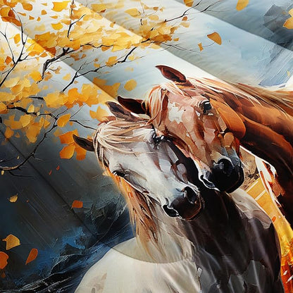 White Brown Horses Comforter Set Full Size,Watercolor Painting Autumn Leaves Bedding Set for Kids and Adults Bedroom Horse Decor,Natural Scenery Aesthetics Comforter Set with 2 Pillowcases.