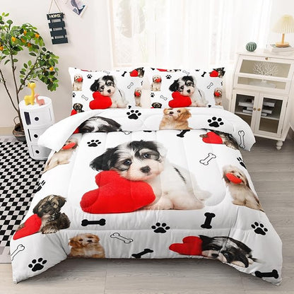 Cute Dog Comforter Set, Cartoon Paw and Bone Print Bedding Home Decor, Pet Puppy White Comforter Full Size