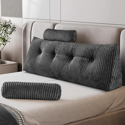 Z-hom Large Wedge Pillow Headboard, Full Triangular Headboard Pillow, Reading Pillow Bed with a Roll Pillow for Bed Sitting Up Sleeping, Backrest Cushion Headboard Gap Pillow for Back,Grey