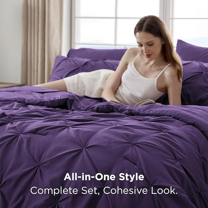 Bedsure Full Comforter Set Purple - Bed in a Bag Full Size Bedding Set 7 Pieces, GentleSoft™ Pintuck Bed Set Gift for Family, Pinch Pleat All Season Comforter with Sheets, Pillowcases & Shams