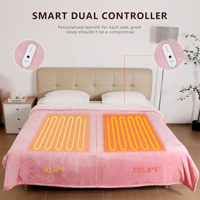 ESTINGO Heated Blanket Queen, Dual Control Electric Blanket Queen Size with 5 Heating Levels & 10 Hours Auto Off, Machine Washable Plush Heating Blanket for Bed Camping Office 84" x 90", Pale Pink