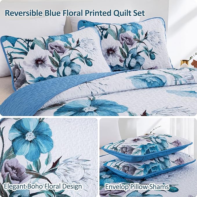 Floral Quilt Set Queen 3 Pieces Boho Blue Floral Quilt Coverlet Set Soft Microfiber Lightweight Blue Quilted Bedspread for All Season 90"x96"