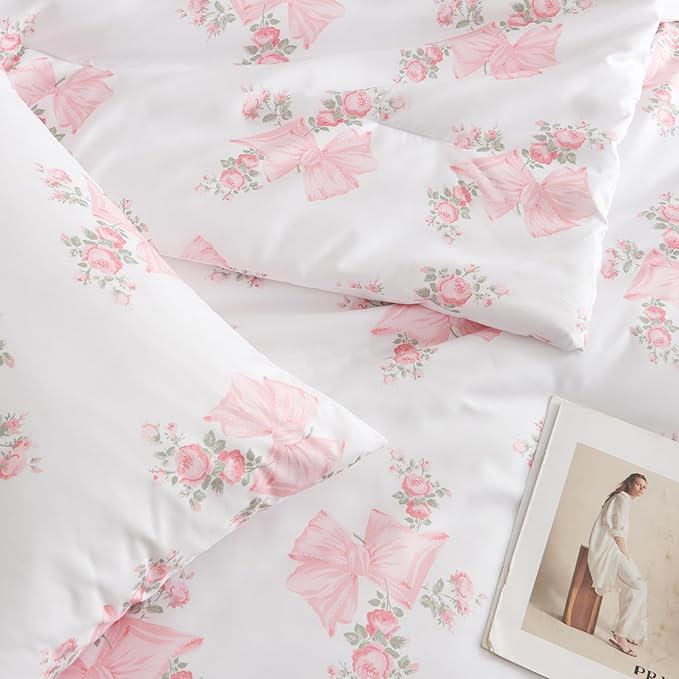 Pink Bow Duvet Cover Full Size Floral Bowknot Bedding Set 3 Pieces Kids Boys Girls Vintage Green Botanical Coquette Princess Style Garden Reversible Duvet Cover Set with 2 Pillowcases