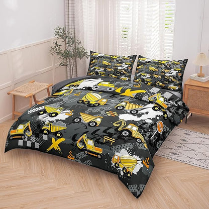 Peopleareok Construction Truck Kids Comforter Set for Boys Twin (68x86 Inch), 2 Pieces Construction Excavator Truck Bedding Sets for Toddler Children, Super Soft Microfiber Comforter with 1 Pillowcase