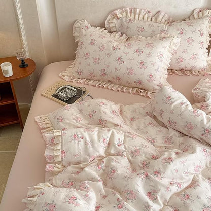 BuLuTu Pink Floral Duvet Cover Set Queen Size for Kids Teens Girls, Princess Lace Ruffled Quilt Cover Chic Aesthetic Comforter Cover with Zipper, 100% Cotton Muslin Bedding Set