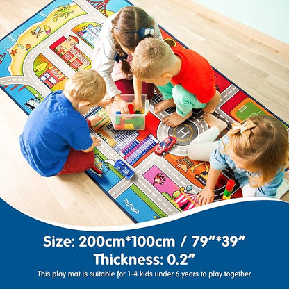 Booooom Jackson Kids Car Rug 39x79 inch, Car Mat for Kids Toy Cars,Road Carpet Playmat Rug,Buildings Parking Helipad Printed on,Non-Slip Play Race Track Carpet for Play Room Bedroom