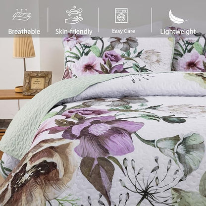Floral Quilt Set Full 3 Pieces Boho Green Floral Quilt Coverlet Set Soft Microfiber Lightweight Green Quilted Bedspread for All Season 80"x90"