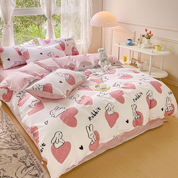 AOJIM Pink Duvet Cover Set Pure Cotton, 1 Rabbit Comforter Cover and 2 Pillowcases, Soft Lightweight Bed Set Queen Size, Quilt Cover for Room Decor (No Comforter)