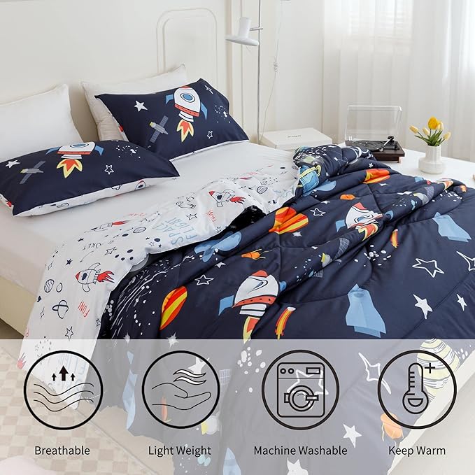 RYNGHIPY Kids Comforter Set Queen Size, Cute Space Rocket Bedding Set for Boys Girls, Teen Boy Bedding (Space Rocket, Queen)