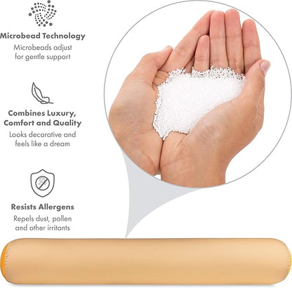 Straight Body Pillow, Full Size Premium Microbead,Side Sleeping/Maternity Pregnant Women, Supportive,Fluffy, Breathable, Cooling, 85/15 Spandex/Nylon Silky Feel Anti-Aging - 48 X 8 - Barely Beige