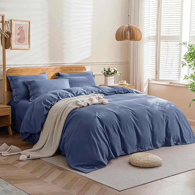 JELLYMONI Cotton Duvet Cover Twin Size - Blue Comforter Cover with Button 100% Washed Cotton 2PCS Breathable Soft Solid Bedding Set Duvet Cover 68×90in & 1 Pillowcase (NO Comforter)