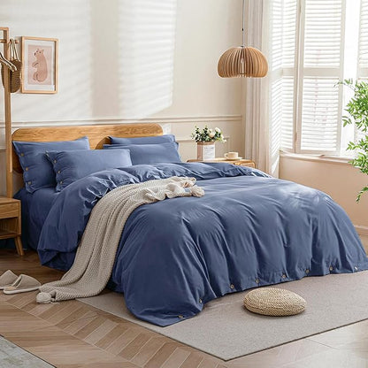 JELLYMONI Cotton Duvet Cover Full Size - Blue Comforter Cover with Button 100% Washed Cotton 3PCS Breathable Soft Solid Bedding Set Duvet Cover 80×90in & 2 Pillowcases (NO Comforter)
