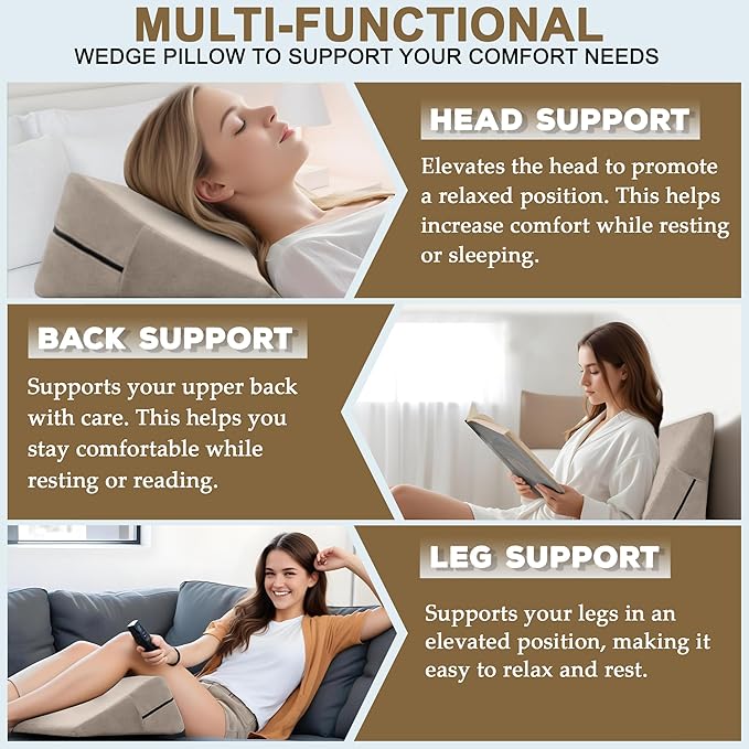 sokoro Bed Wedge Pillow for Sleep Apnea, GERD Acid Reflux Snoring Relief, Pregnancy Side Sleeper Pillow for Adults Seniors Neck Pain Back Sleeping, Leg Elevation Pillows for After Surgery Gifts, Beige