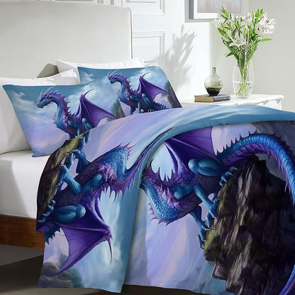 Dragon Bedding Set 3 Pieces King Size Purple Dragon Duvet Cover Comforter Cover Sets for Boys Girls Teens Women