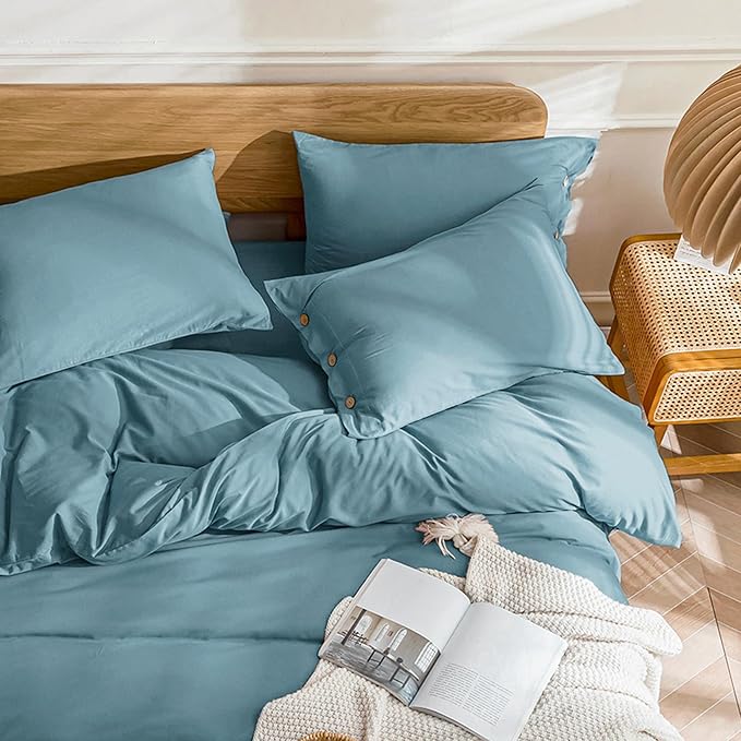 JELLYMONI Cotton Duvet Cover Cal King Size - Grayish Blue Comforter Cover with Button 100% Washed Cotton 3PCS Breathable Soft Solid Bedding Set Duvet Cover 104×98in & 2 Pillowcases (NO Comforter)