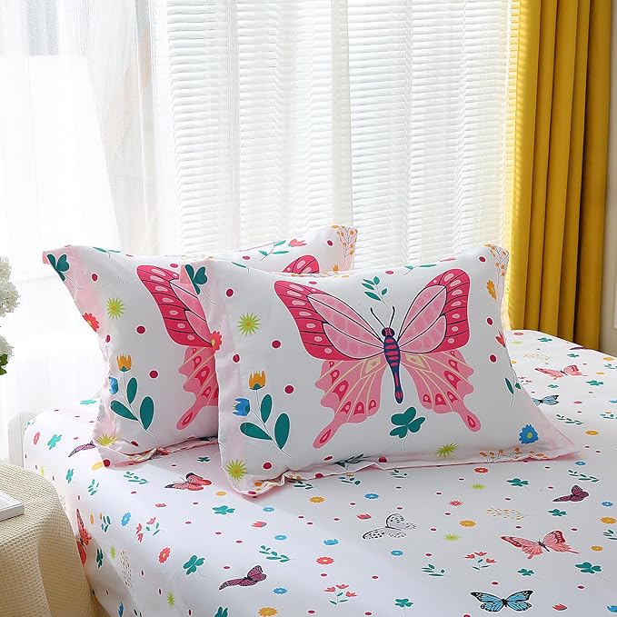 Wajade Butterfly Twin Comforter Set for Girls Kids Bedding Sets for Girls 7 Pieces Bed in a Bag Colorful Butterflies Flower Leaves Bedding Set All Season Lightweight