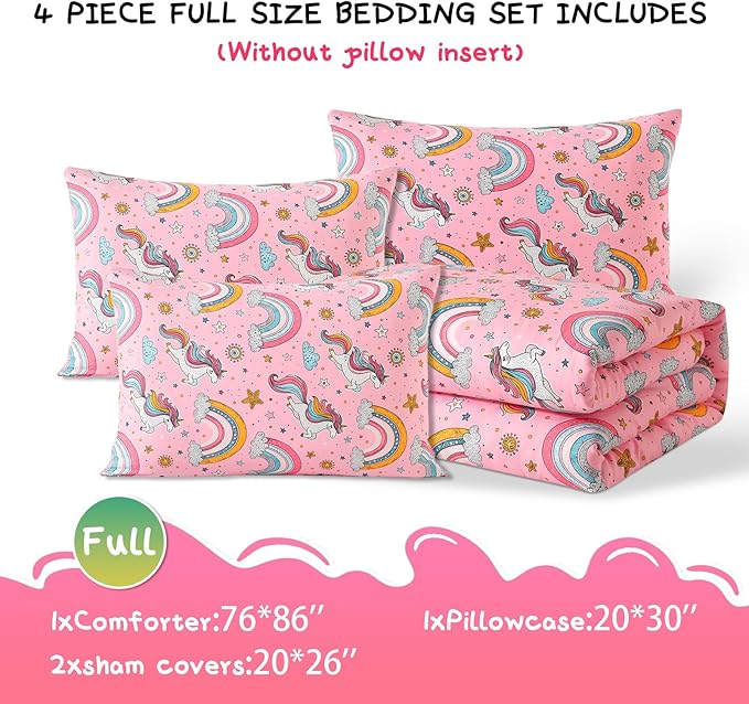 Glow in The Dark Kids Comforter Set， 4 Pieces Pink Unicorn Bedding Set Full Size for Boys Girls Teen, 1 Comforter, 1 Pillowcase, 2 Pillow Shams