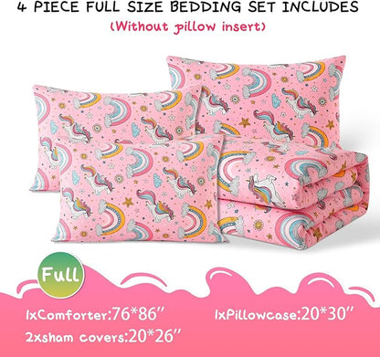 Glow in The Dark Kids Comforter Set， 4 Pieces Pink Unicorn Bedding Set Full Size for Boys Girls Teen, 1 Comforter, 1 Pillowcase, 2 Pillow Shams