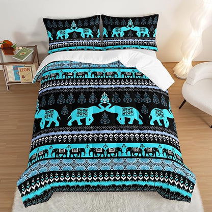 Western Comforter Set King Size Elephant Print Bedding for Kids,Blue Series Animal Themed Bedding Set for Boys Girls Room Decor,Boho Bedding Comforter Sets with 2 Pillowcases.