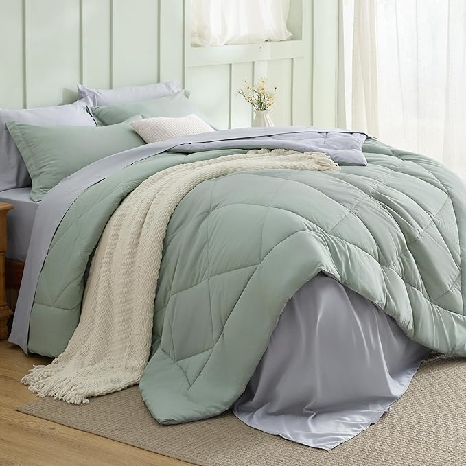 Bedsure Sage Green Twin Comforter Sets - 5 Pieces Reversible Twin Bedding Sets for College, Sage Green Extra Long Bed Set Twin with Comforters, Sheets, Pillowcase & Sham