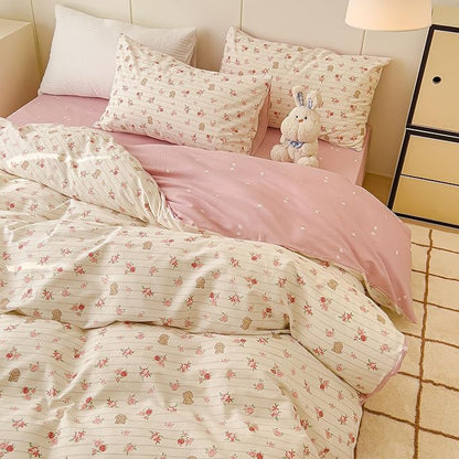 AOJIM Aesthetic Striped Duvet Cover Set with Floral and Rabbit Pattern, 1 Cotton Comforter Cover and 2 Pillowcases, Soft Durable Kids Duvet Cover Twin Size, Pink Bedding for Room Decor, No Comforter
